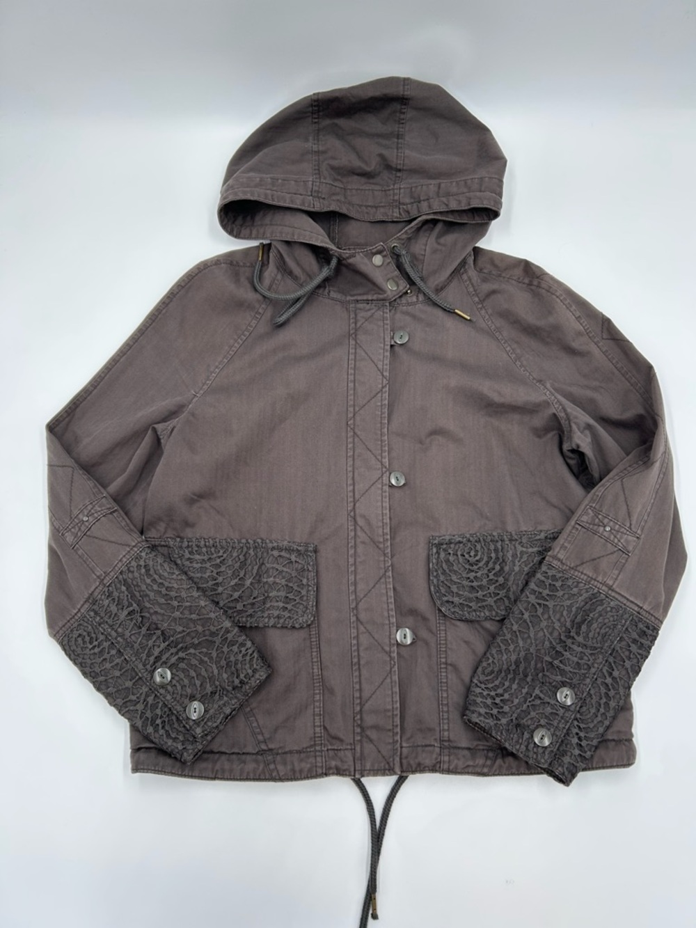 HEI Olive Green Hooded Utility Jacket With Embroidered Textured Cuffs M